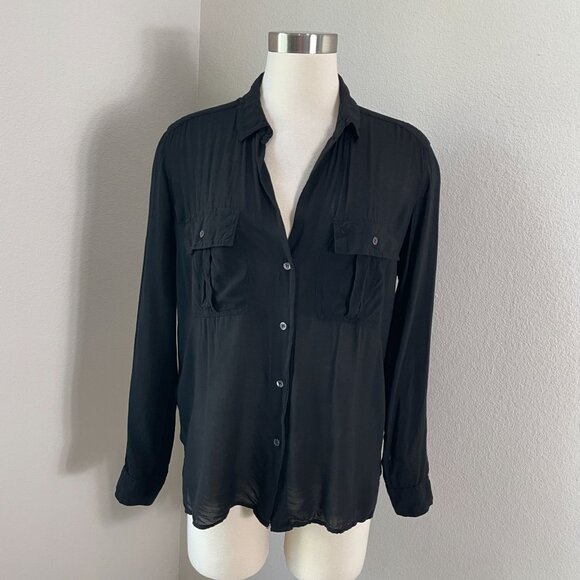 James Perse Womens Small Black Button Up Long Sleeve Blouse Shirt Lightweight - Picture 1 of 11